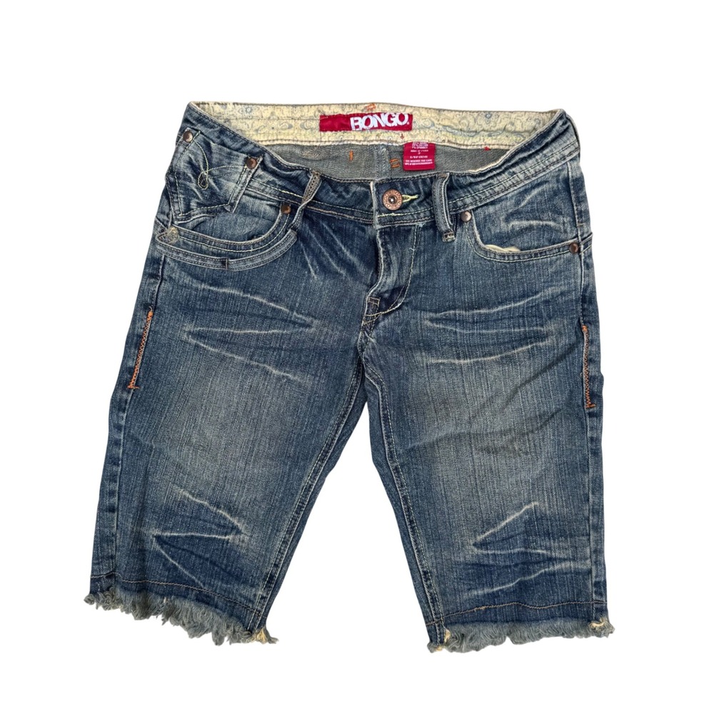 Bongo Women Low Rise Bermuda Denim Shorts Medium Wash Distressed Raw Hem Size 3